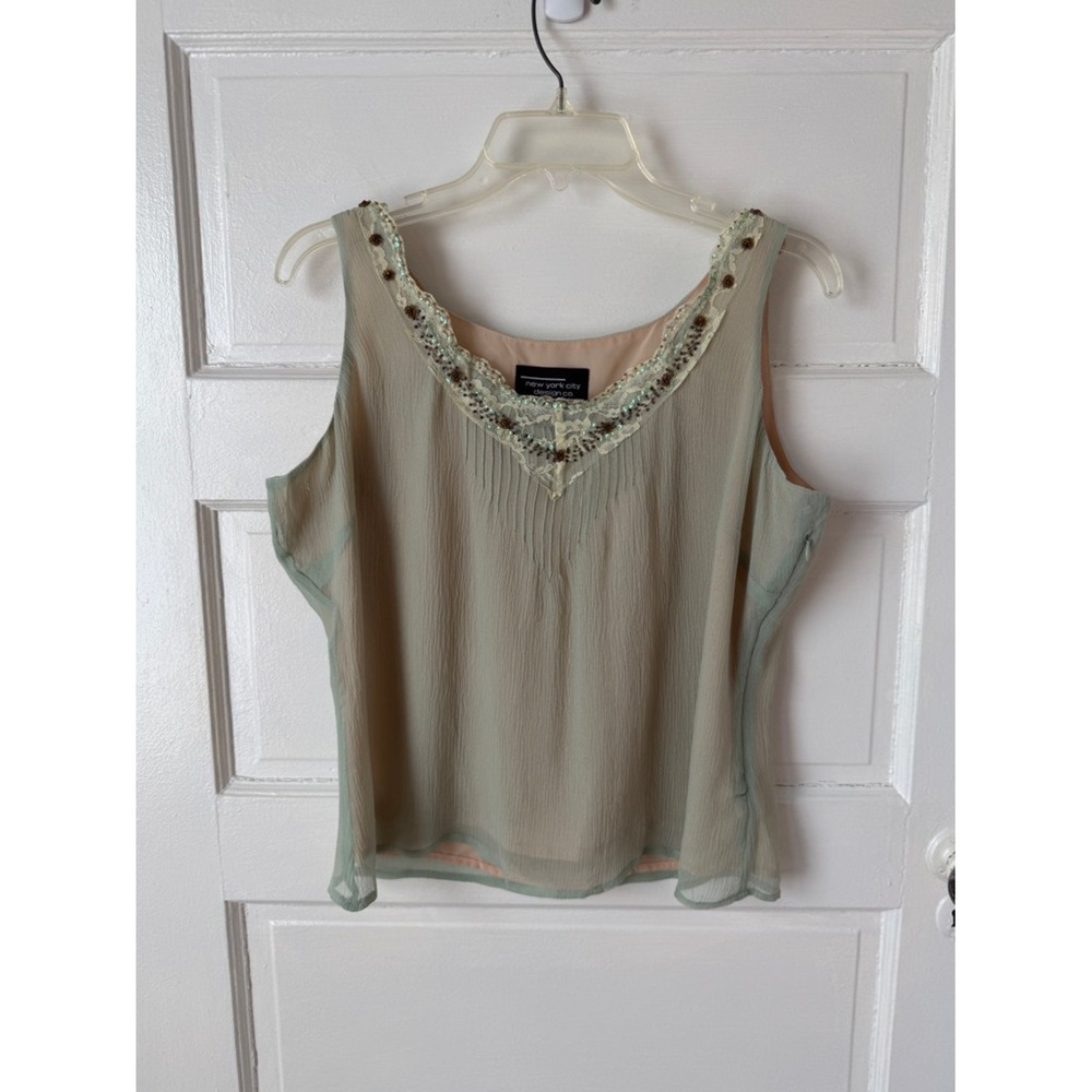 New York City Design co. Silk Sage Green Bead Embellished Y2K V-Neck Camisole Lg